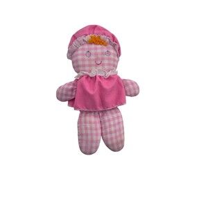 1975 FISHER-PRICE LOLLY Pink Gingham Rattle Lovey Rag Doll Toy Fast Shipping